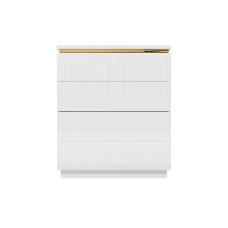 White High Gloss Chest of 5 Drawers with Metallic Trim - Isabella