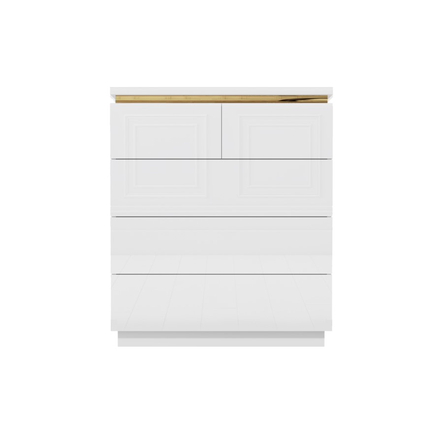 White High Gloss Chest of 5 Drawers with Metallic Trim - Isabella