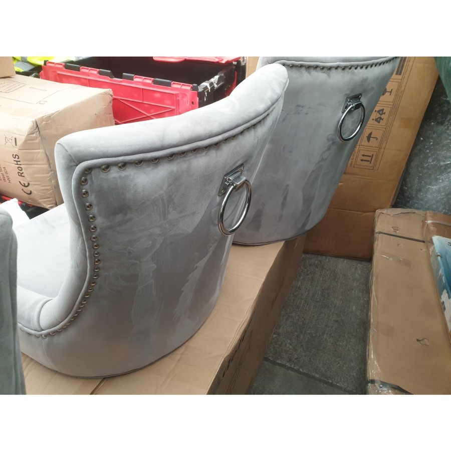 GRADE A2 - Set of 2 Grey Knocker Chairs in Velvet with Chrome Legs & Studs - Jade Boutique 
