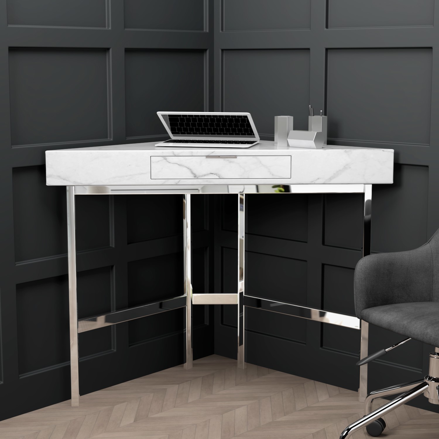 Photo of White marble effect corner desk with drawer - roxy