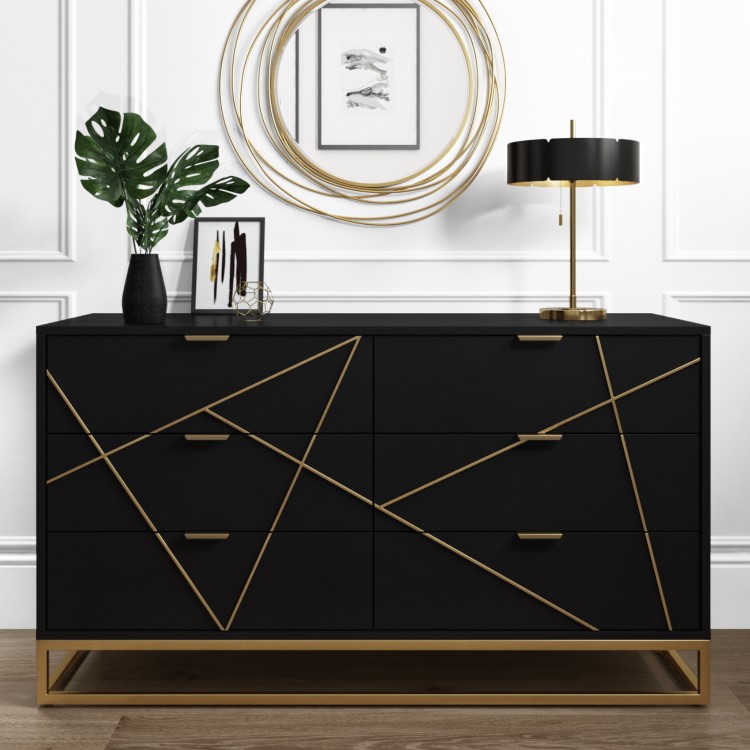 GRADE A1 - Black 6 Drawer Wide Chest of Drawers - Zhara