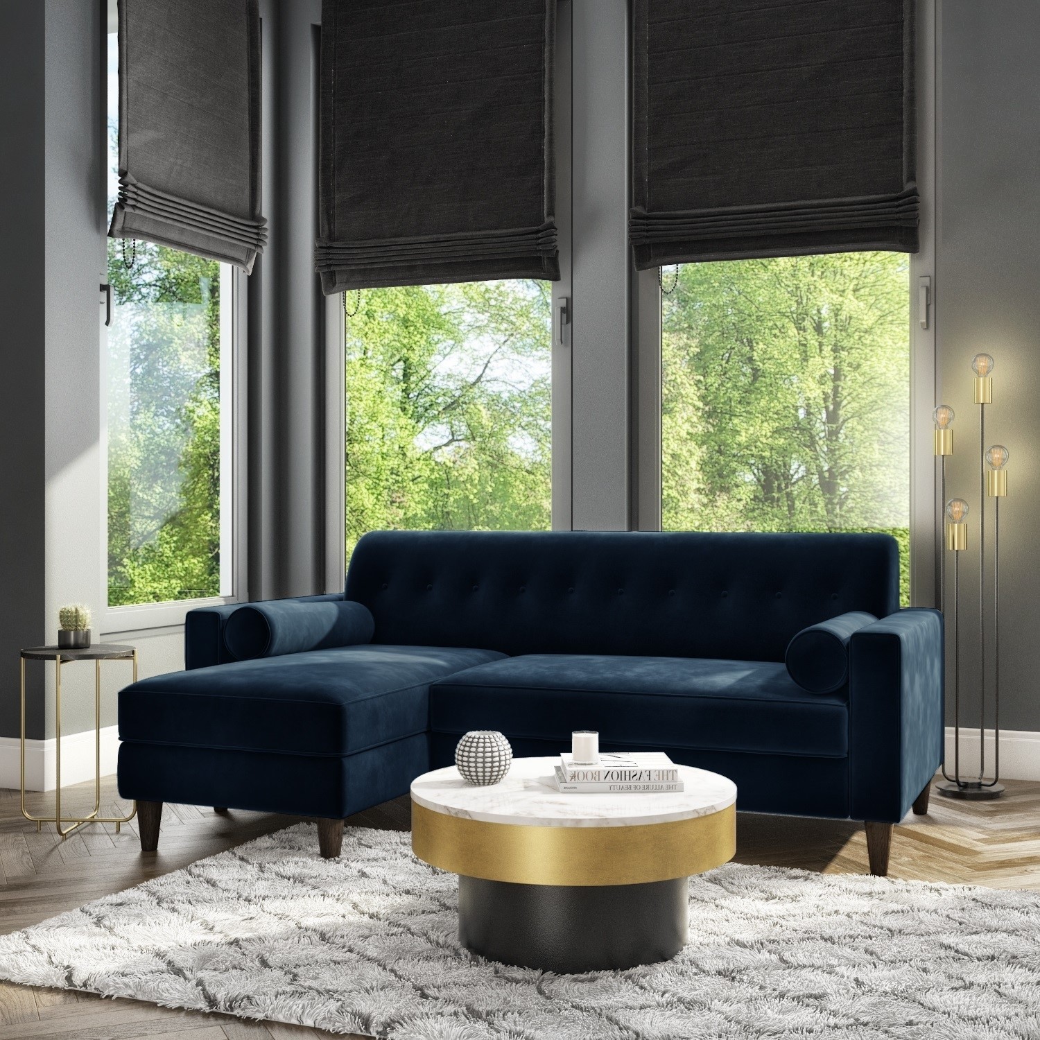 GRADE A2 Navy Blue Velvet 3 Seater L Shaped Sofa Left Hand Facing