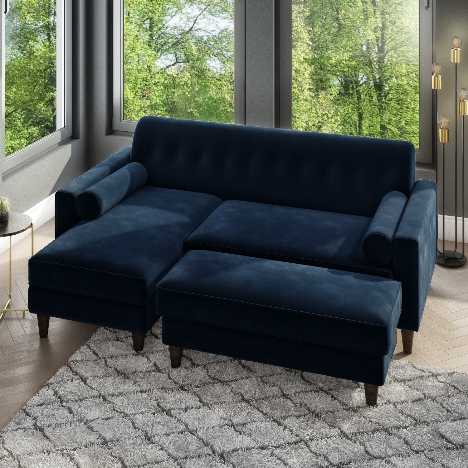GRADE A2 Navy Blue Velvet 3 Seater L Shaped Sofa Left Hand Facing Idris Furniture123