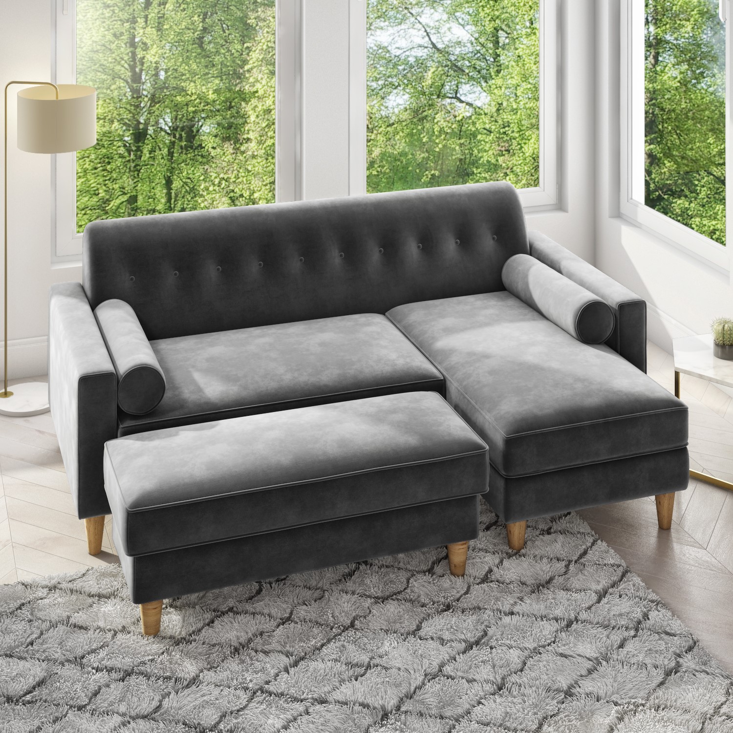 3 Seater Right Hand Facing L Shaped Sofa in Grey Velvet - Idris ...