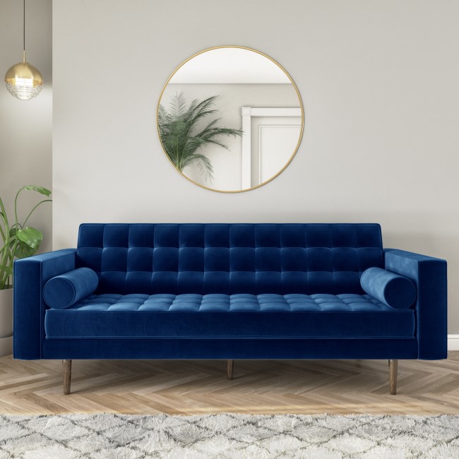 Mid Century Quilted Navy Blue Velvet 3 Seater Sofa - Elba