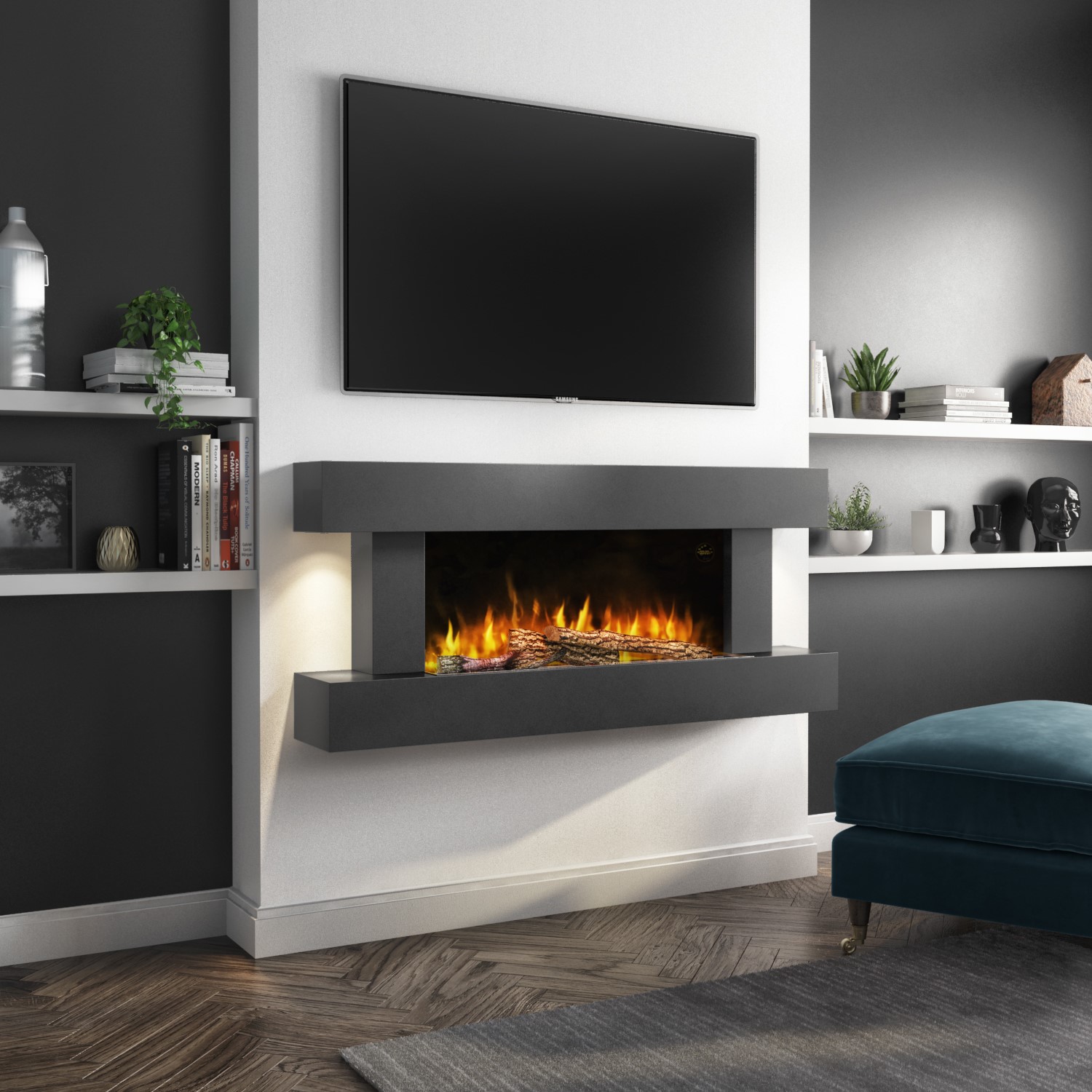 GRADE A1 - Grey Wall Mounted Electric Fireplace Suite with LED Lights ...