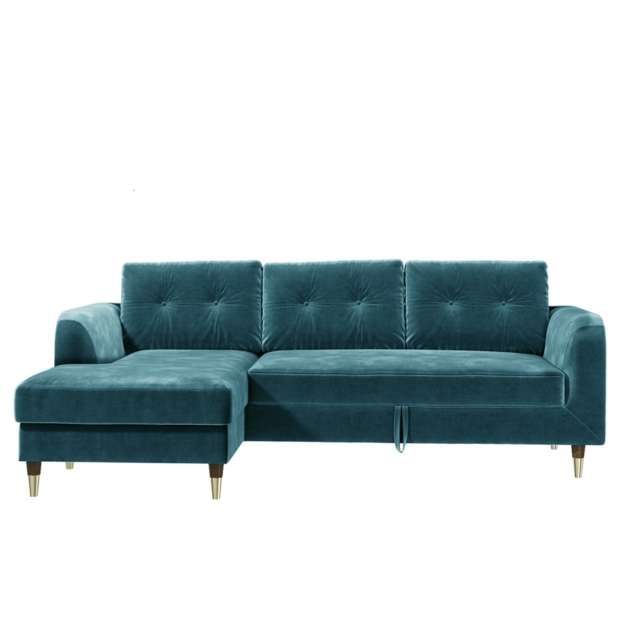Teal Blue L Shaped Pull-Out Sofa Bed in Velvet  - Left Hand Facing - Sutton