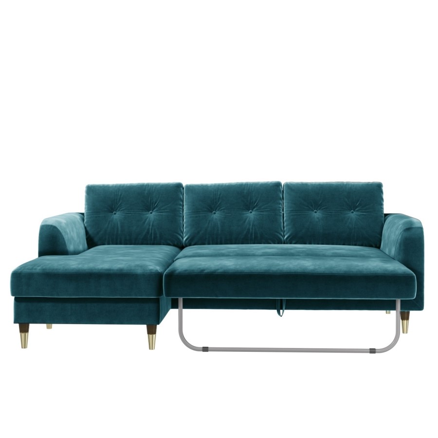 Teal Blue L Shaped Pull-Out Sofa Bed in Velvet  - Left Hand Facing - Sutton