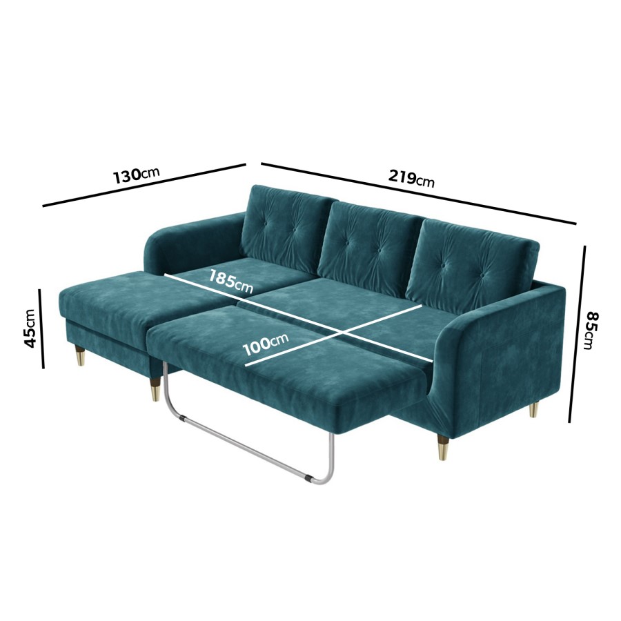 Teal Blue L Shaped Pull-Out Sofa Bed in Velvet  - Left Hand Facing - Sutton
