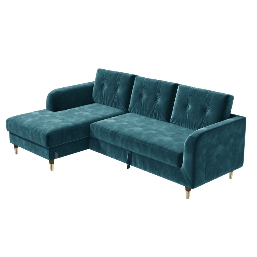 Teal Blue L Shaped Pull-Out Sofa Bed in Velvet  - Left Hand Facing - Sutton