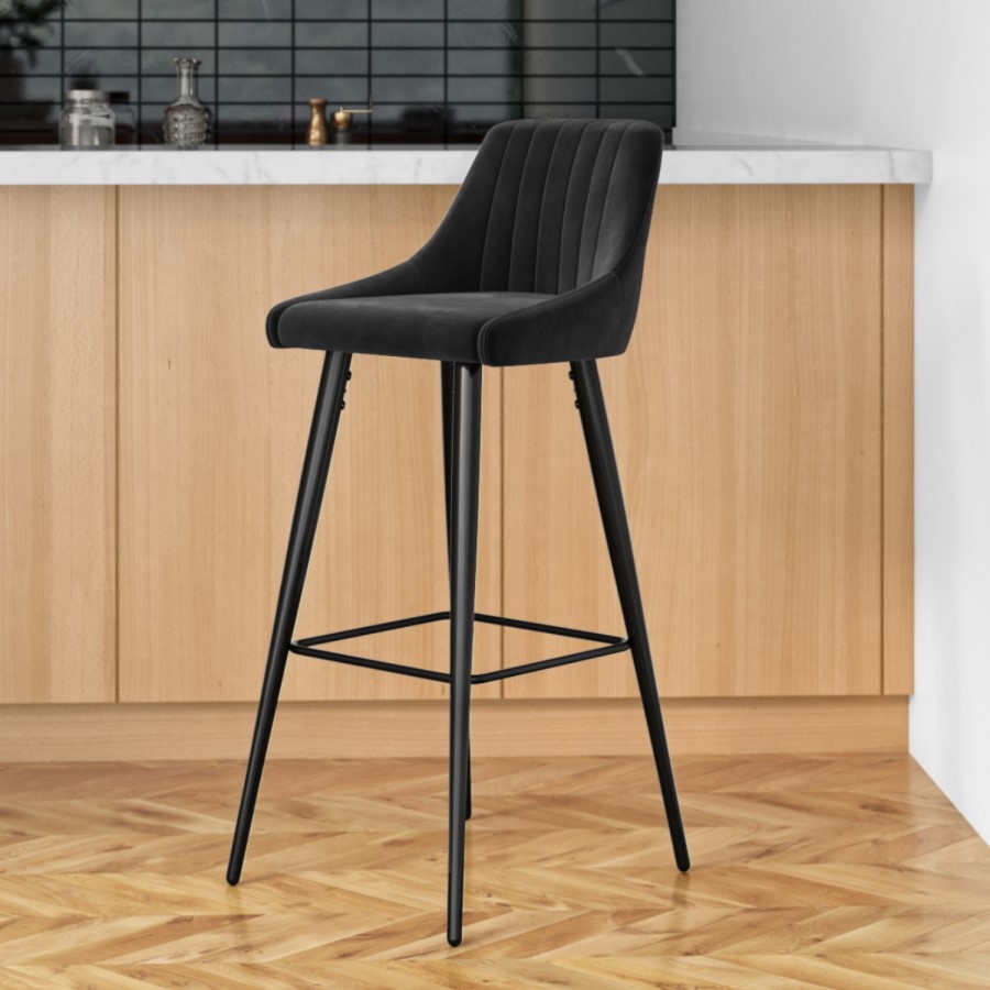 GRADE A1 - Two Charcoal Grey Velvet Bar Stool with Black Legs - Macie Bundle