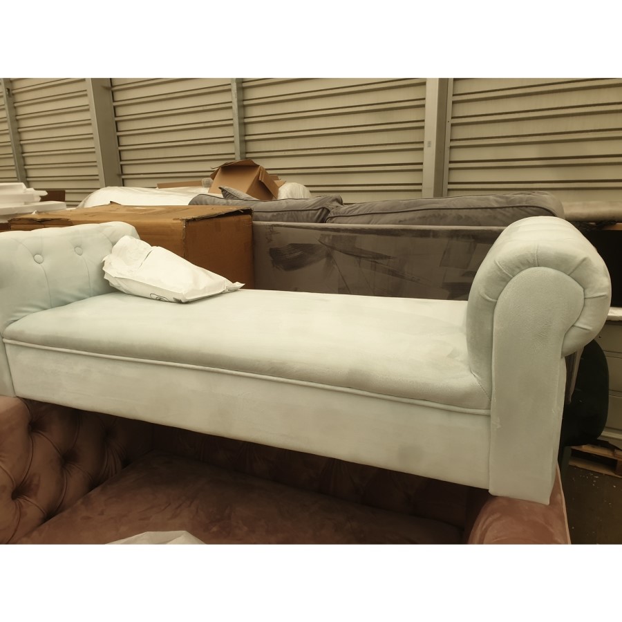 GRADE A2 - Safina End-of-Bed Bench in Light Blue Velvet with Chesterfield Armrests