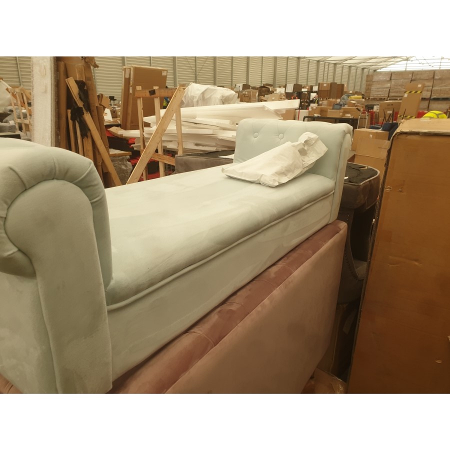 GRADE A2 - Safina End-of-Bed Bench in Light Blue Velvet with Chesterfield Armrests