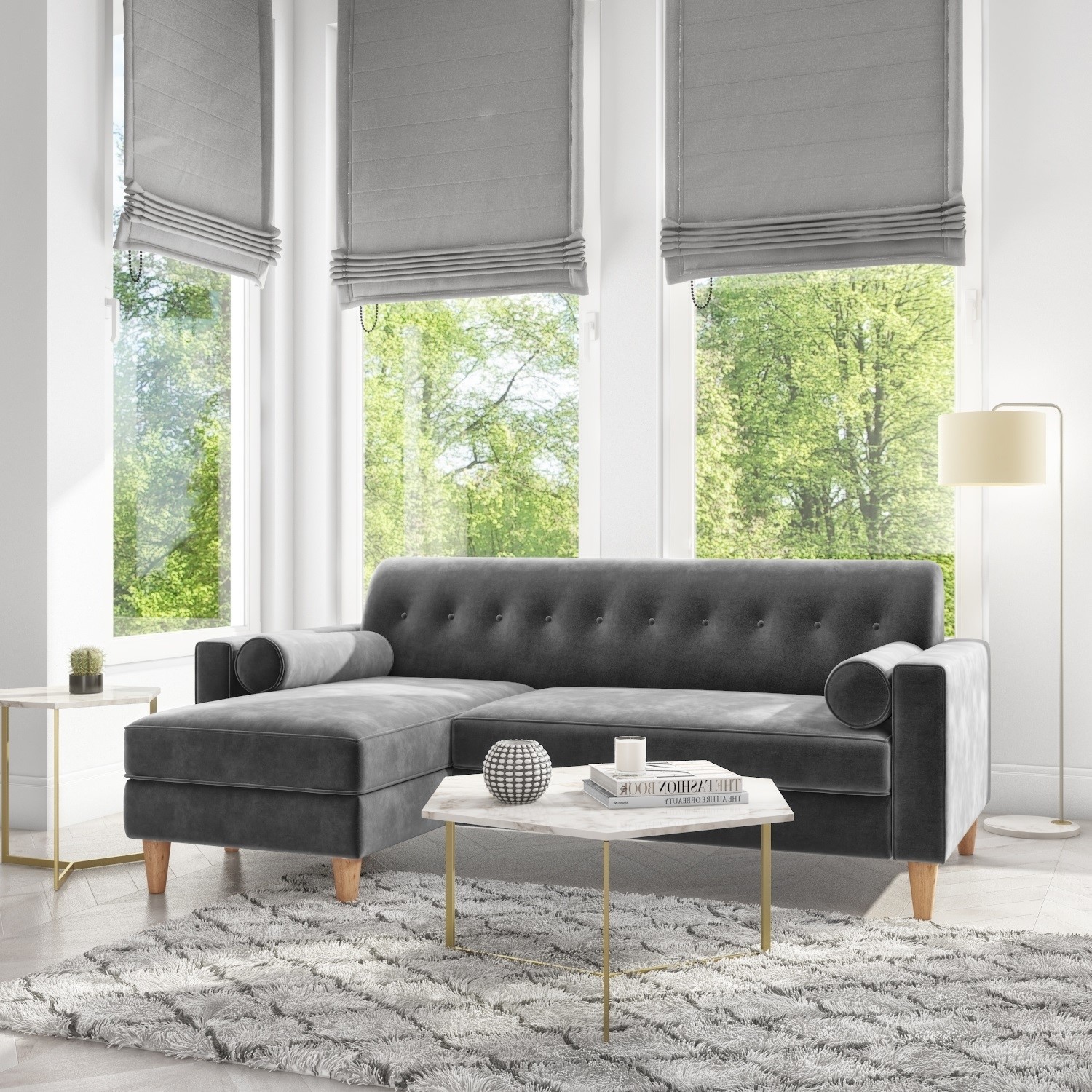 GRADE A1 - Grey 3 Seater L Shaped Sofa in Velvet - Left Hand Facing ...