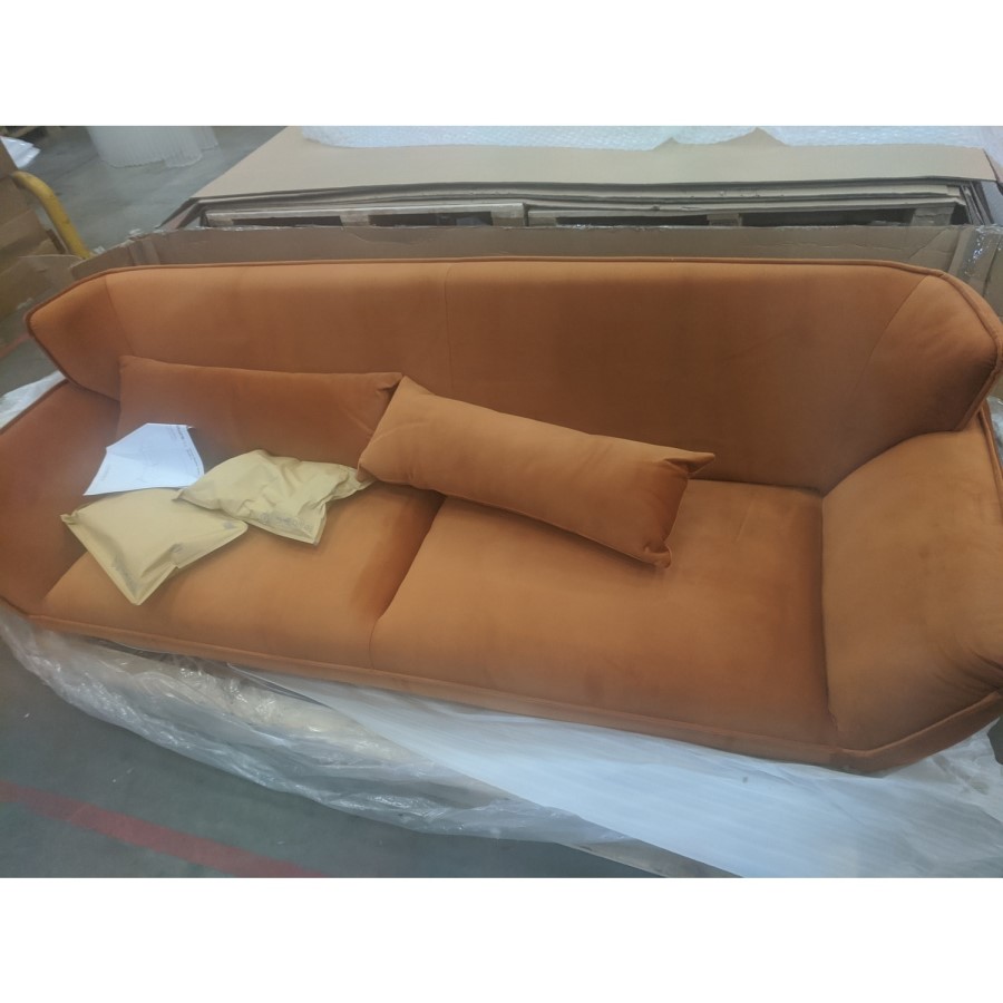 GRADE A2 - Orange Velvet 3 Seater Retro Sofa - Eli