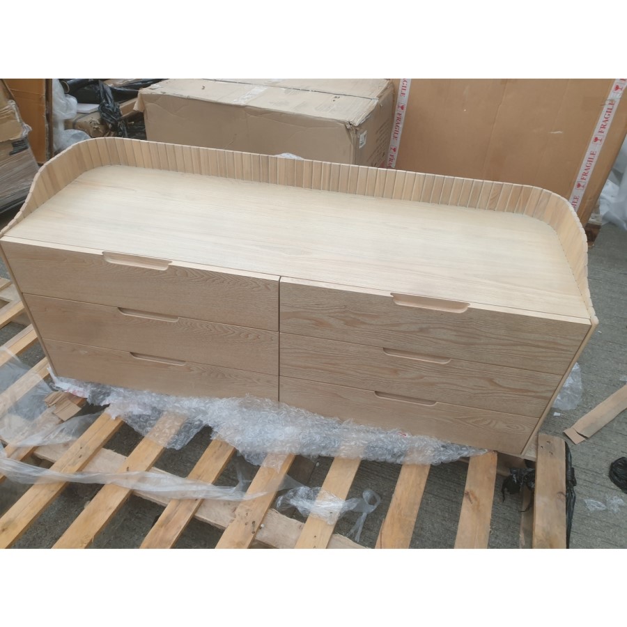 GRADE A2 - Mid-Century Modern Wide Chest of 6 Drawers with Legs in Light Wood - Saskia