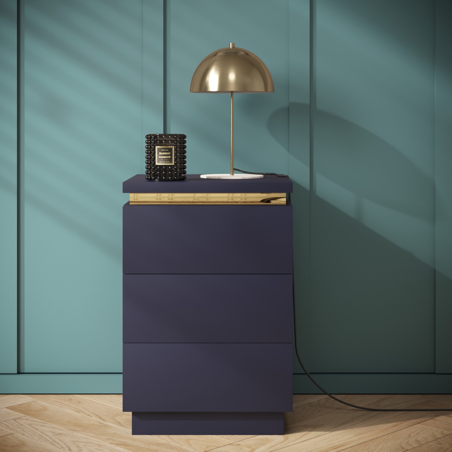 Photo of Navy blue 3 drawer bedside table with metallic trim - isabella