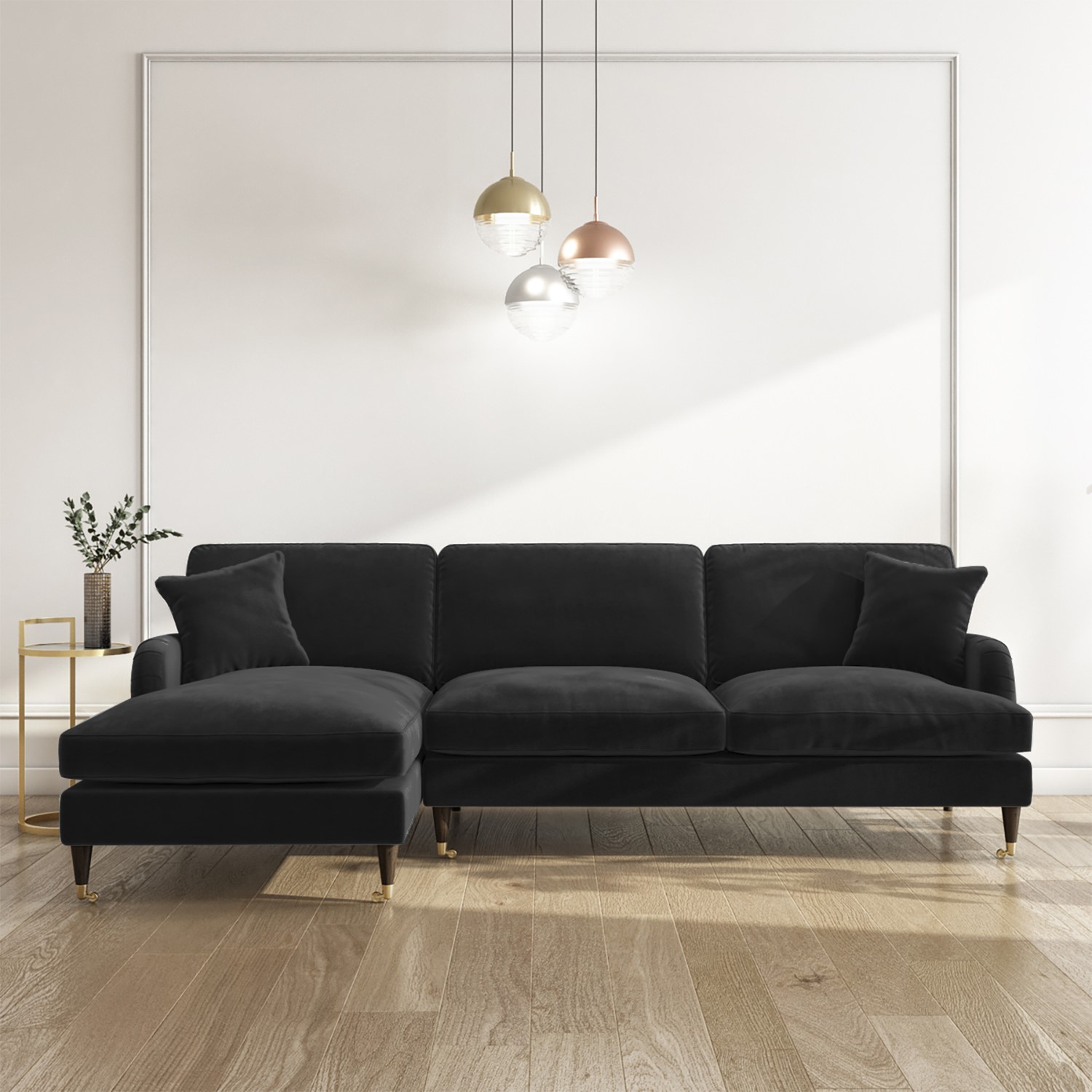 Photo of Black velvet left hand facing l shaped sofa - seats 4 - payton