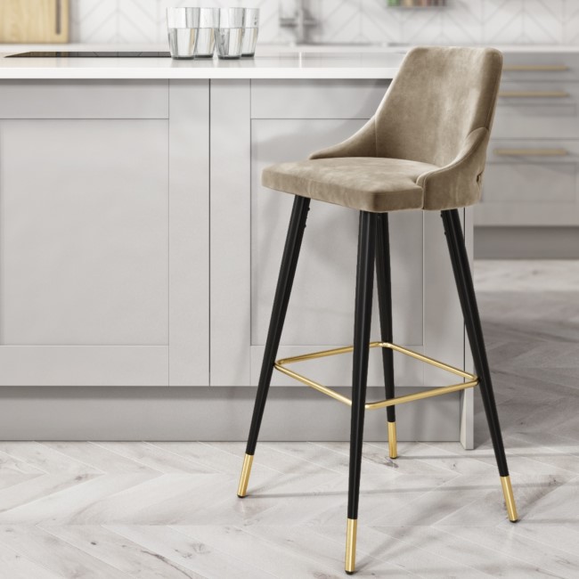 GRADE A1 - Beige Velvet Bar Stool with Button Back & Black Legs - Maddy