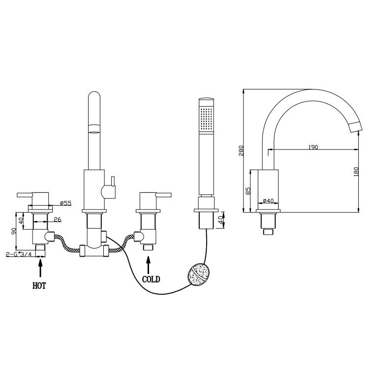 Black Bath Shower Mixer Tap - 4 tap hole - Arissa