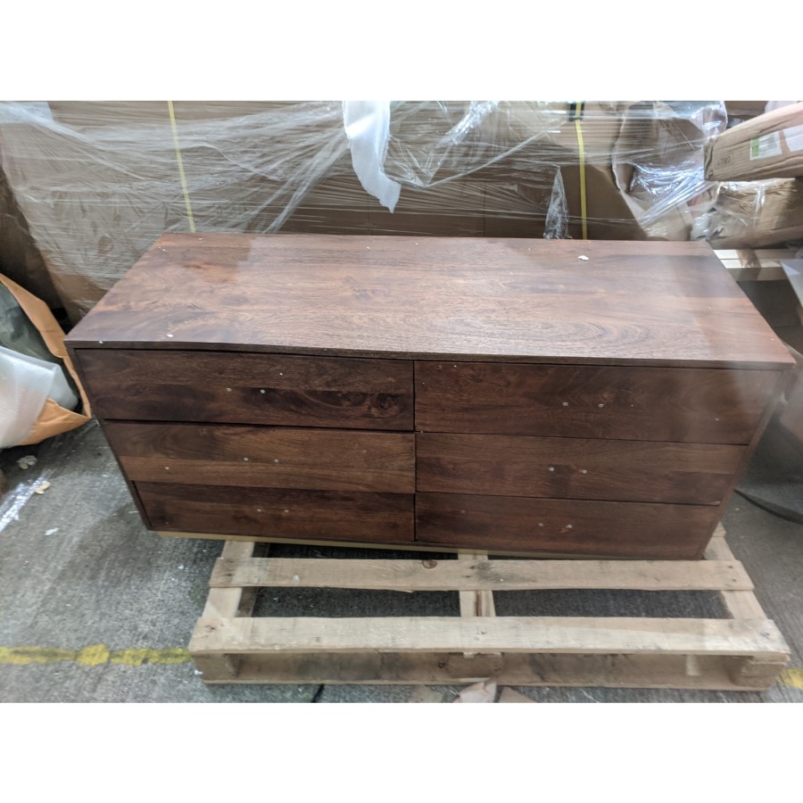 GRADE A2 - Dark Mango Wood Wide Chest of 6 Drawers with Gold Legs - Aubrey 