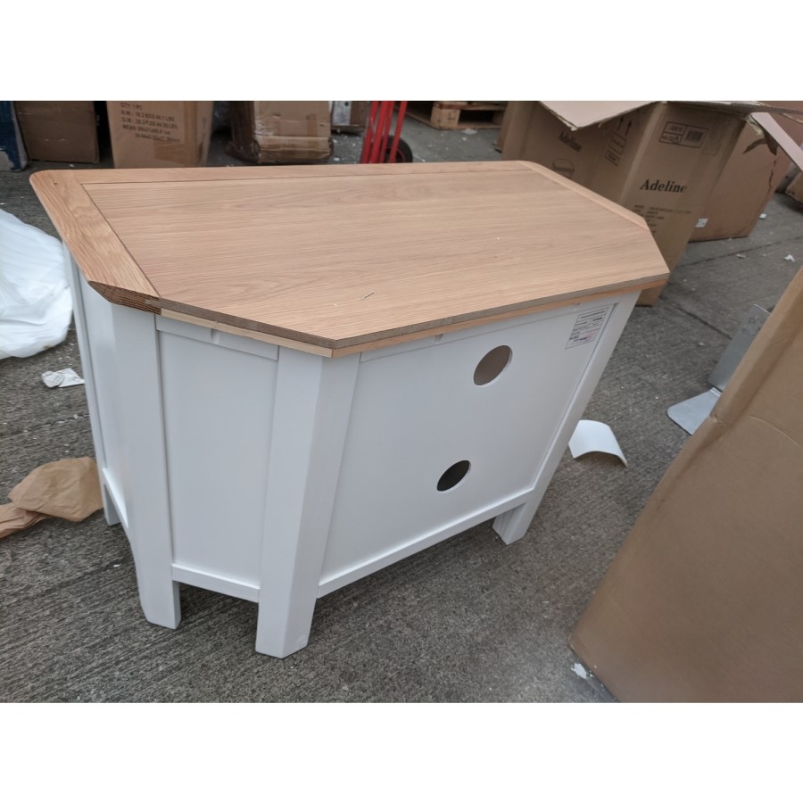GRADE A2 - Corner TV Unit in White & Solid Oak with Storage - TV's up to 32" - Adeline