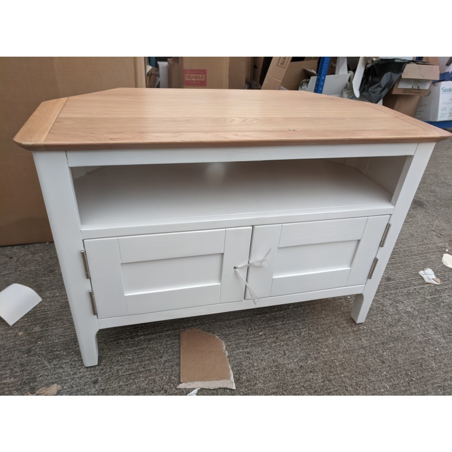 GRADE A2 - Corner TV Unit in White & Solid Oak with Storage - TV's up to 32" - Adeline