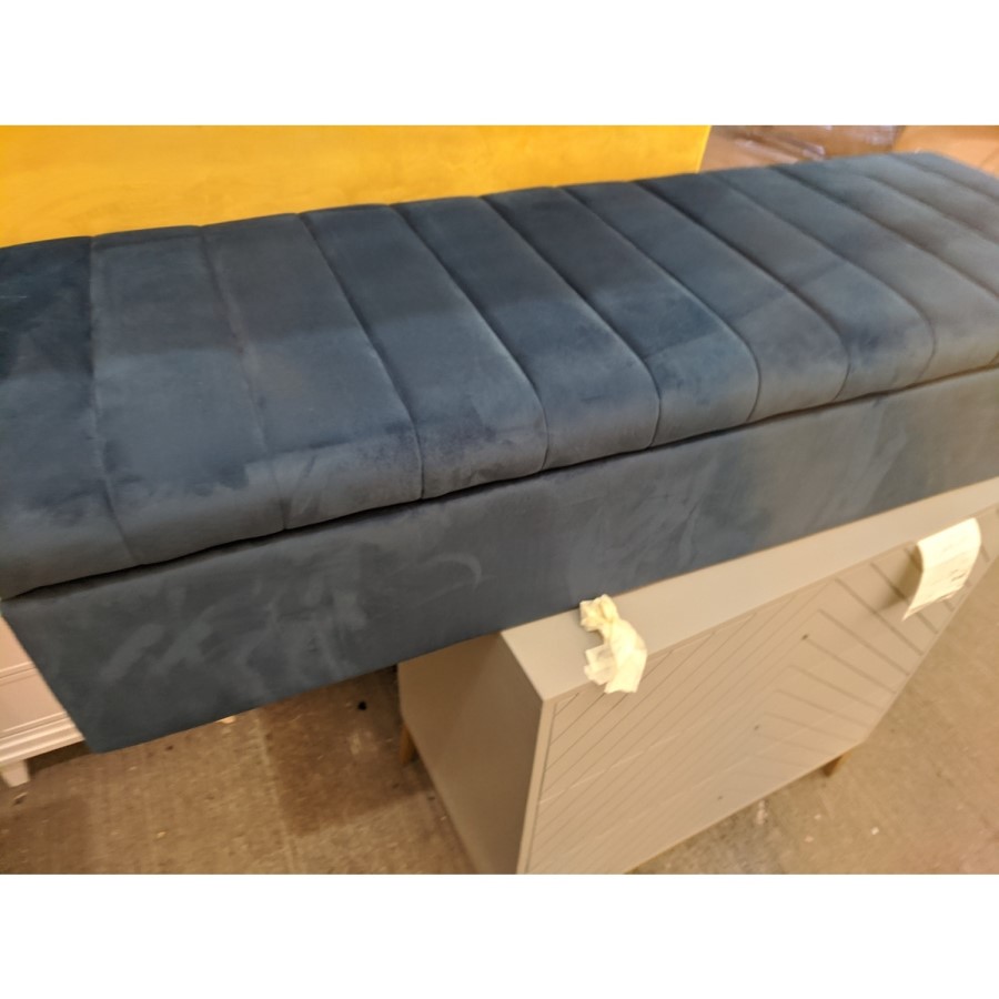 GRADE A2 - Blue Velvet Striped Ottoman Storage Bench - Safina