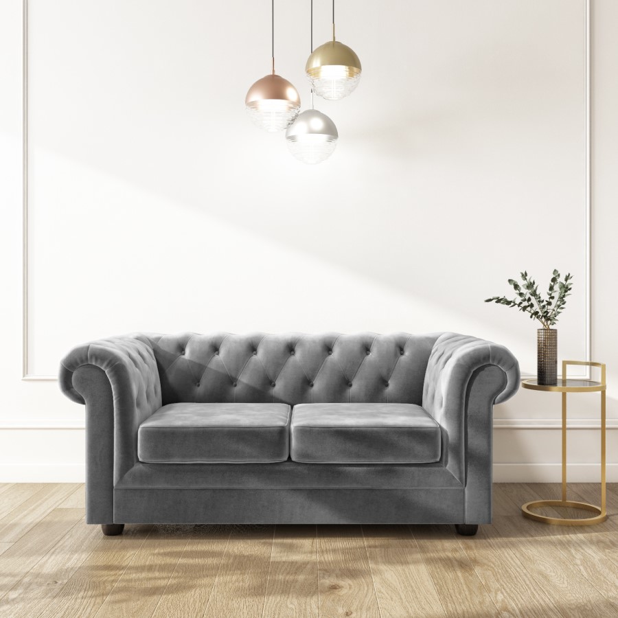GRADE A2 - Grey Velvet 2 Seater Chesterfield Sofa - Bronte