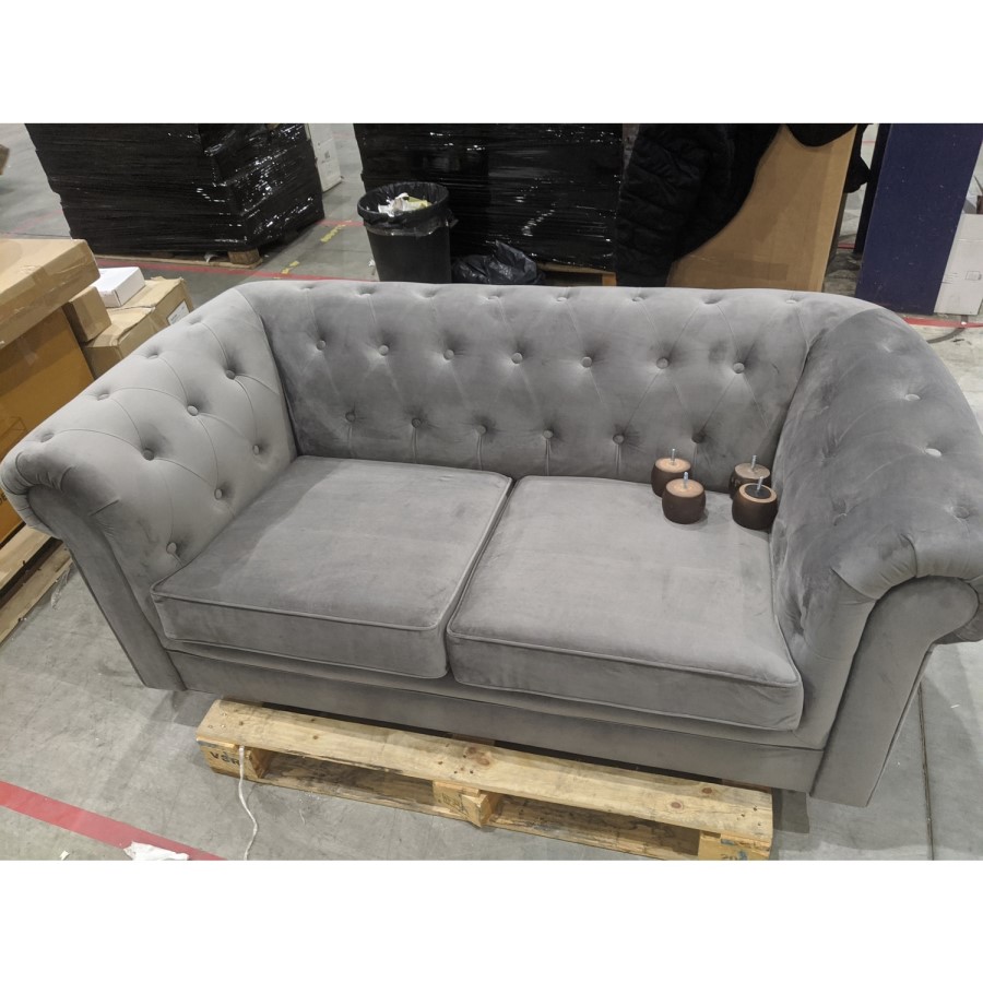 GRADE A2 - Grey Velvet 2 Seater Chesterfield Sofa - Bronte