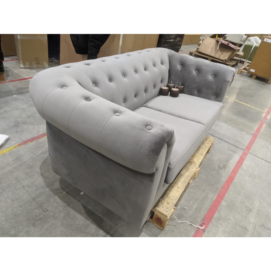 GRADE A2 - Grey Velvet 2 Seater Chesterfield Sofa - Bronte