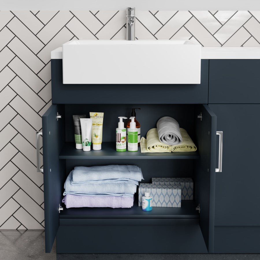 1800mm - 2100mm Blue Toilet and Sink Unit with Tall Cabinet Matt Worktop and Chrome Fittings - Coniston