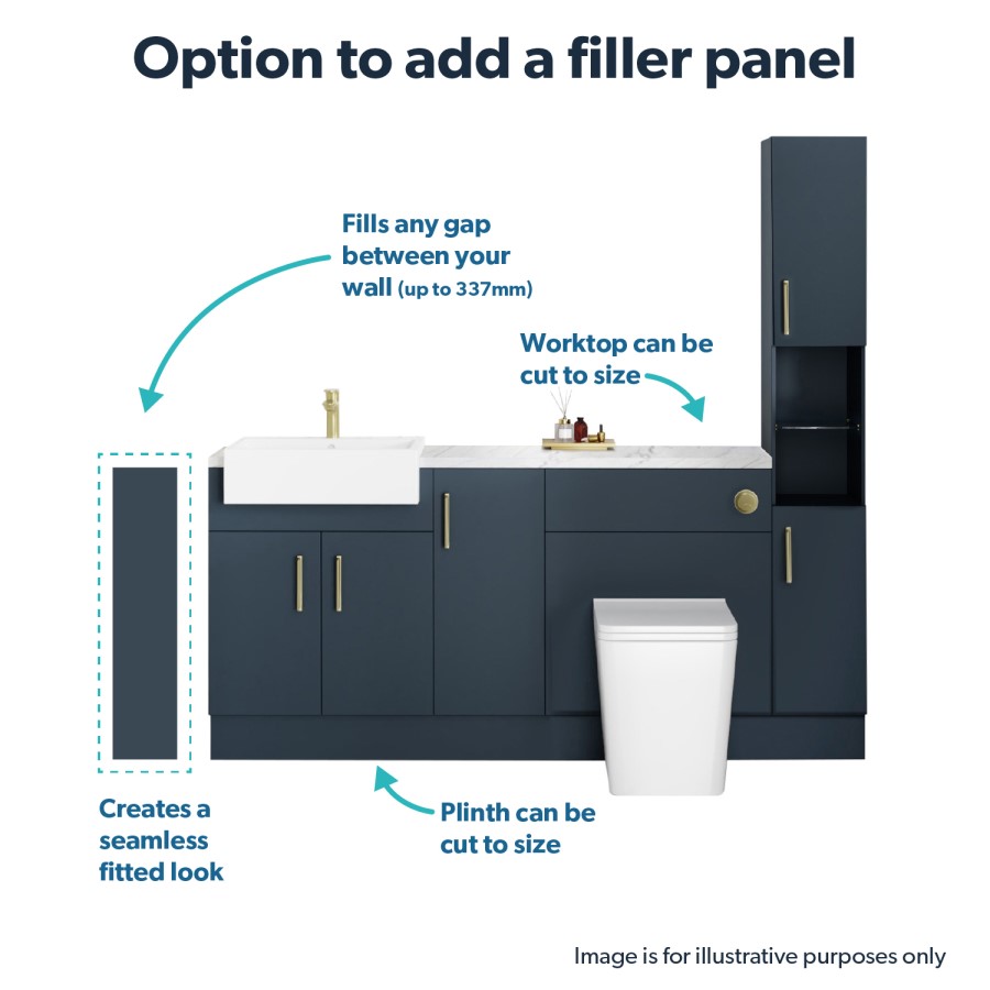1800mm - 2100mm Blue Toilet and Sink Unit with Tall Cabinet Matt Worktop and Chrome Fittings - Coniston