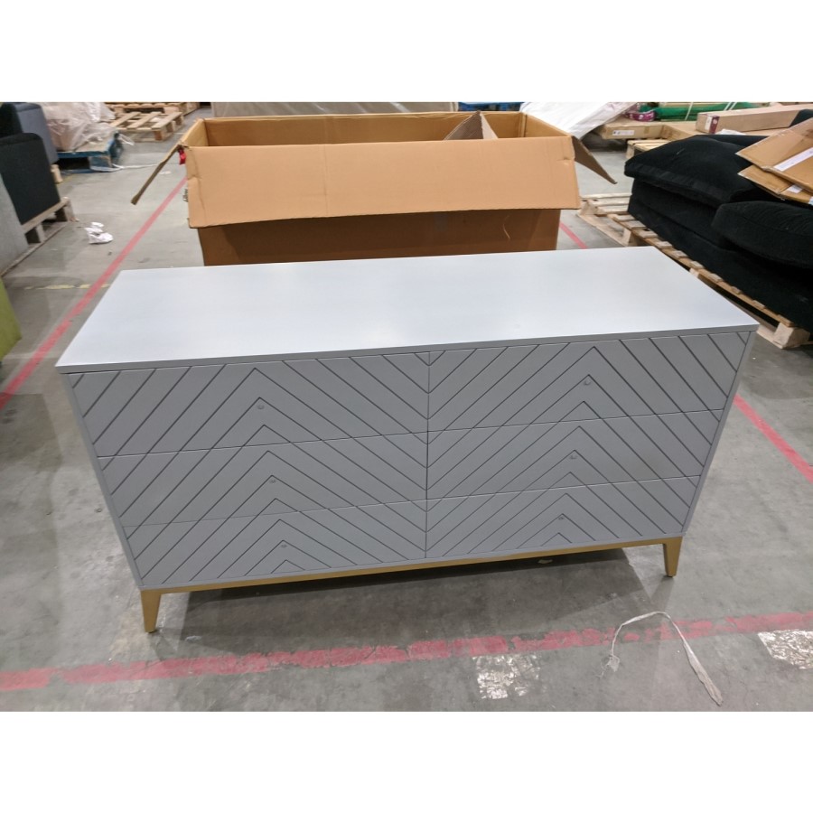 GRADE A2 - Wide Grey Chevron Chest of 6 Drawers with Legs - Ezra