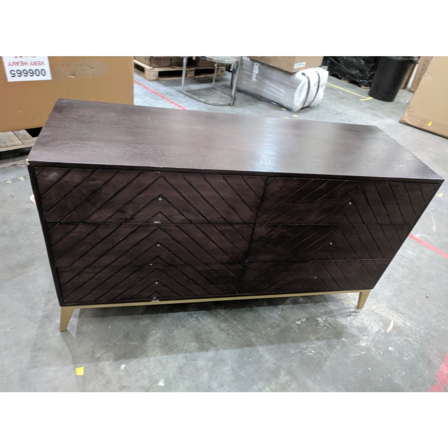 GRADE A2 - Wide Mango Wood Chevron Chest of 6 Drawers with Legs - Jude