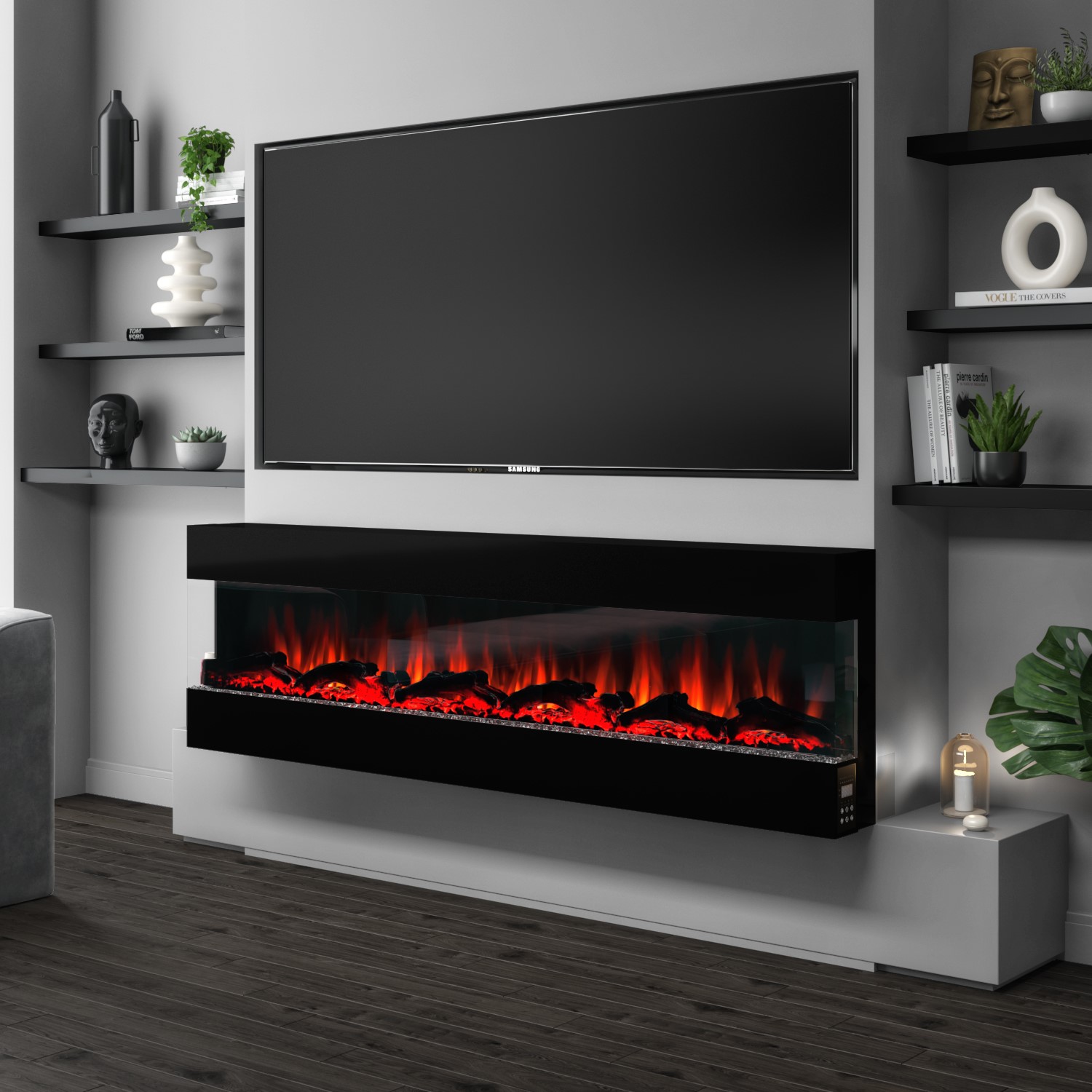 Photo of Black wall mounted electric fireplace with open front 72 inch - amberglo