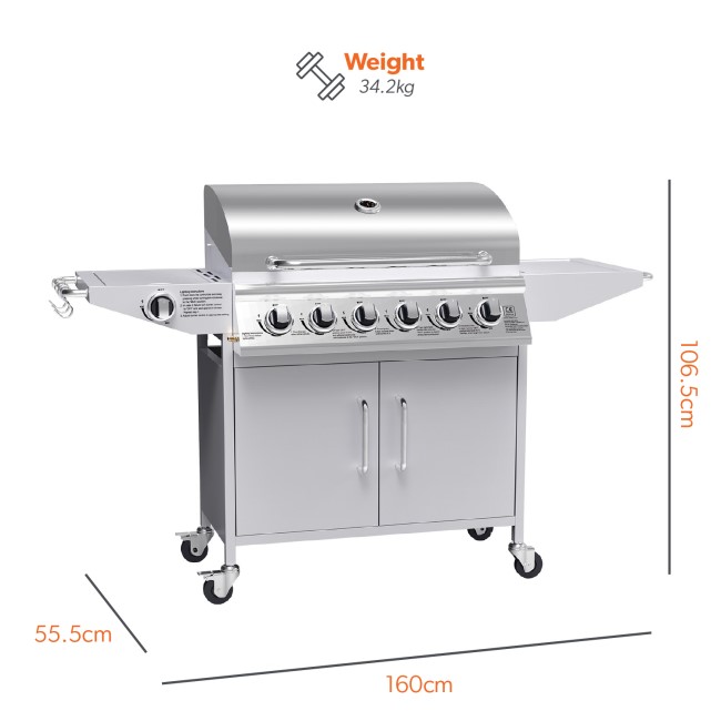 Boss Grill Georgia Classic - 6 Burner Gas BBQ Grill with Side Burner - Silver