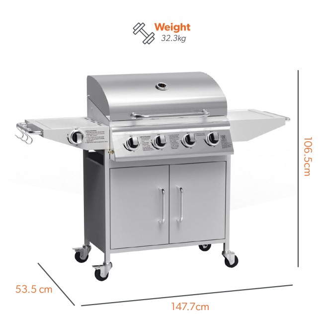 Boss Grill Georgia Classic - 4 Burner Gas BBQ Grill with Side Burner - Silver