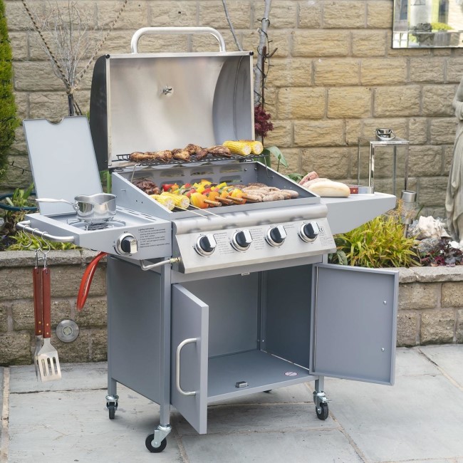 Boss Grill Georgia Classic - 4 Burner Gas BBQ Grill with Side Burner - Silver