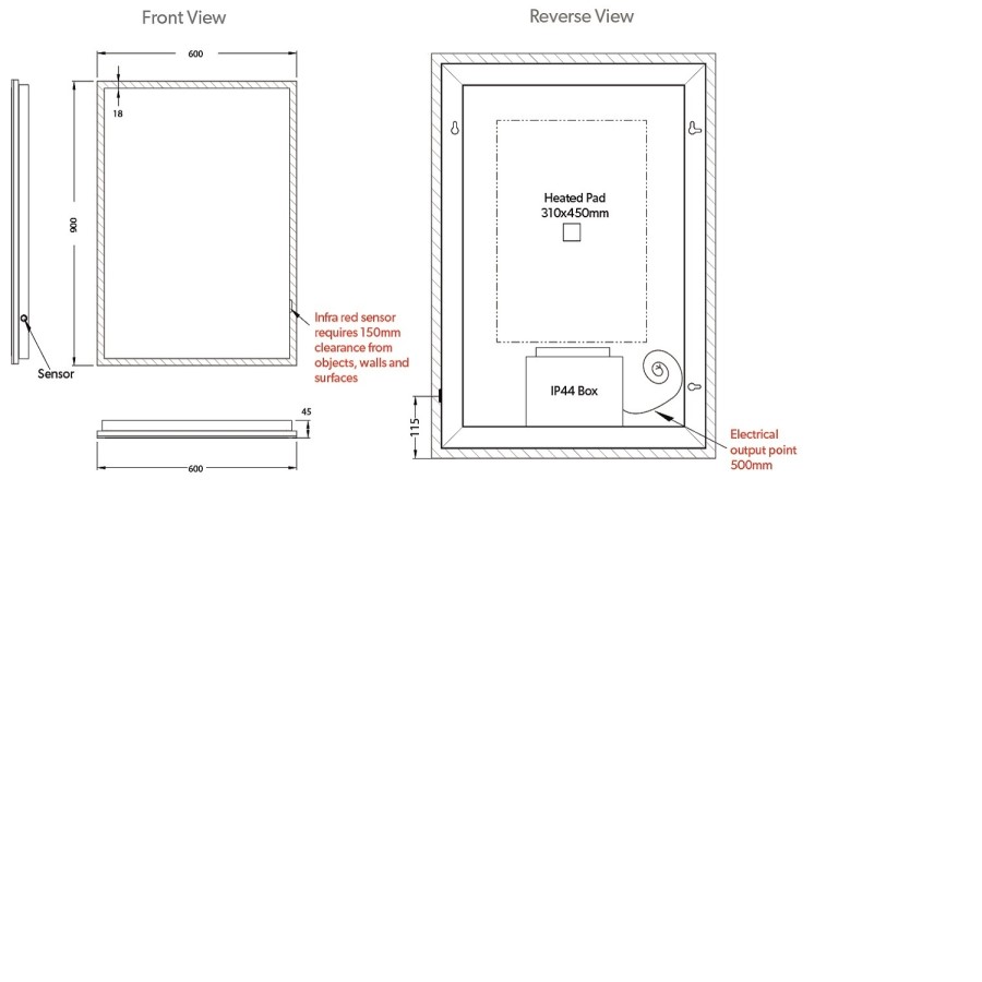 Rectangular LED Bathroom Mirror with Demister 900 x 600mm- HiB Globe 90 