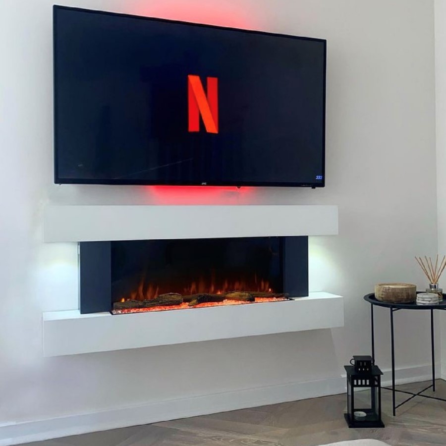 ALMOST PERFECT - White Wall Mounted Electric Fireplace Suite with LED Lights - Amberglo