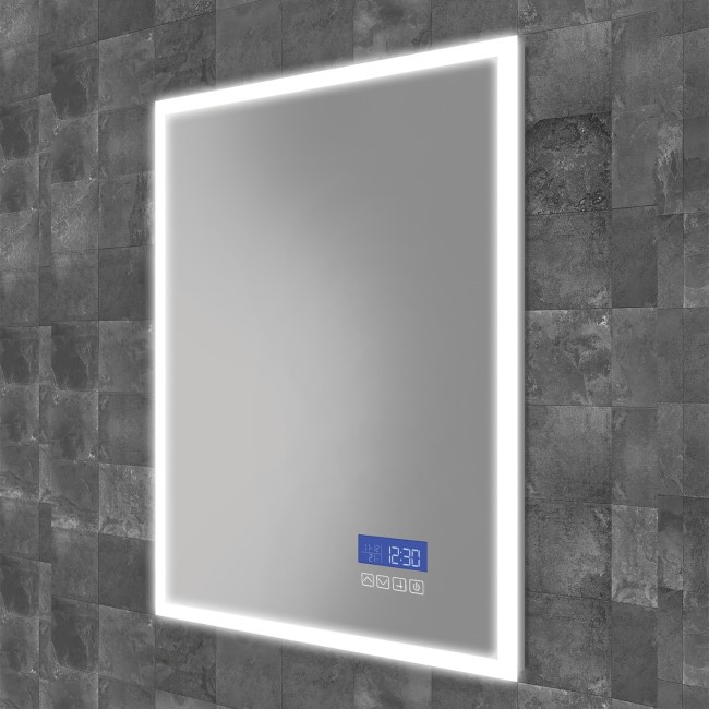 Rectangular Heated Bathroom Mirror with Lights Digital Display Shaver Socket & Bluetooth Speakers 500 x 700mm- HiB Globe Plus 50