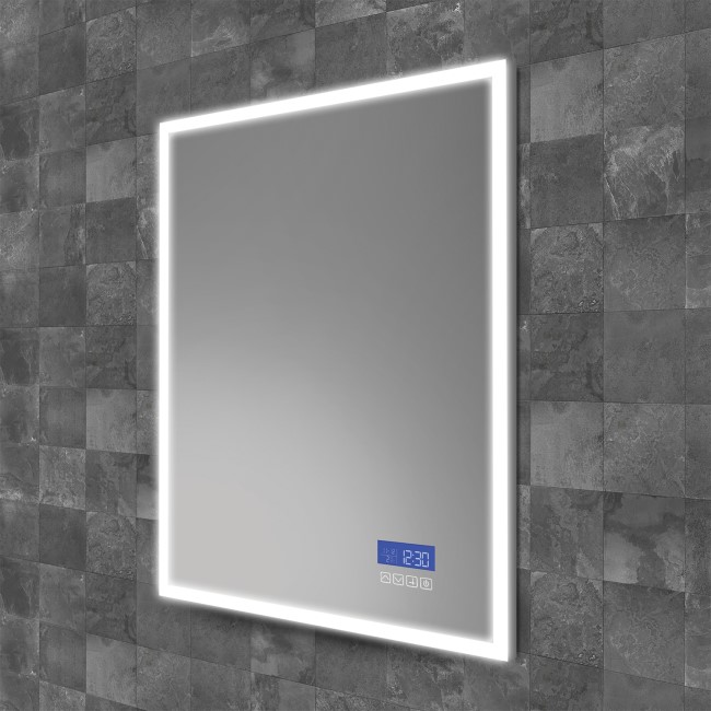 Rectangular Heated Bathroom Mirror with Lights Digital Display Shaver Socket & Bluetooth Speakers 600 x 800mm- HiB Globe Plus 60