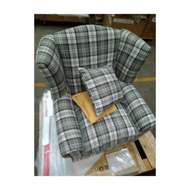 IMPERFECT - Grey Tartan Fabric High Back Armchair - Rupert