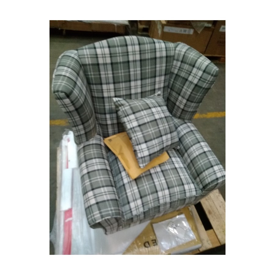 IMPERFECT - Grey Tartan Fabric High Back Armchair - Rupert