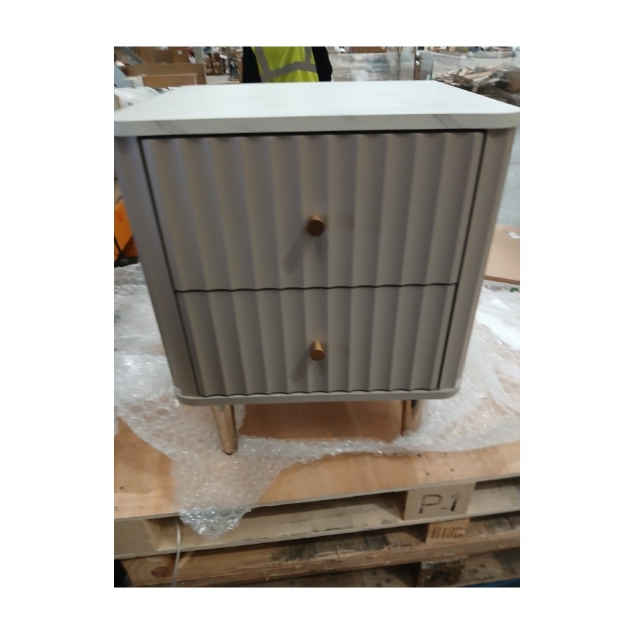 IMPERFECT - Taupe 2-Drawer Marble Top Fluted Bedside Table - Lucia