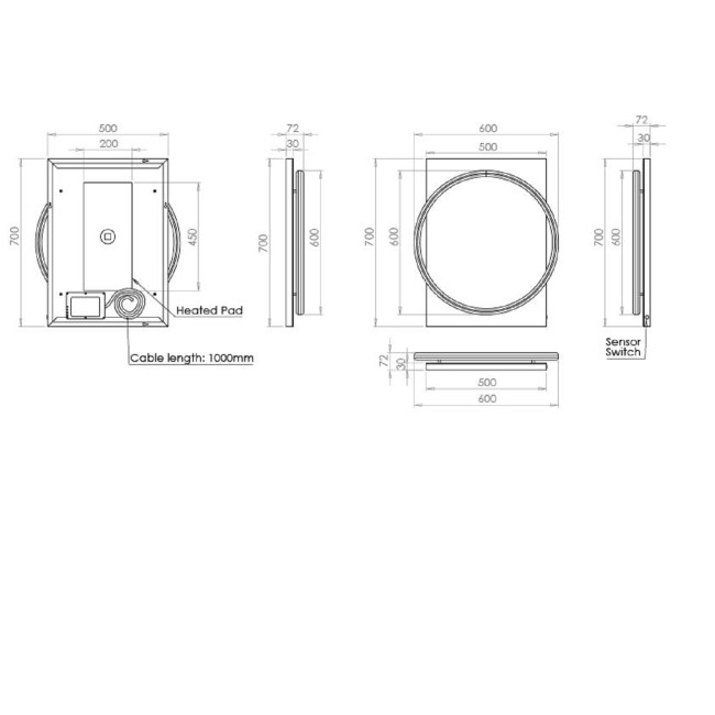 Black Round Heated Bathroom Mirror with Lights 500 x 700mm- HiB Solas 50