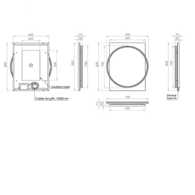 Black Round Heated Bathroom Mirror with Lights 600 x 800mm- HiB Solas 60