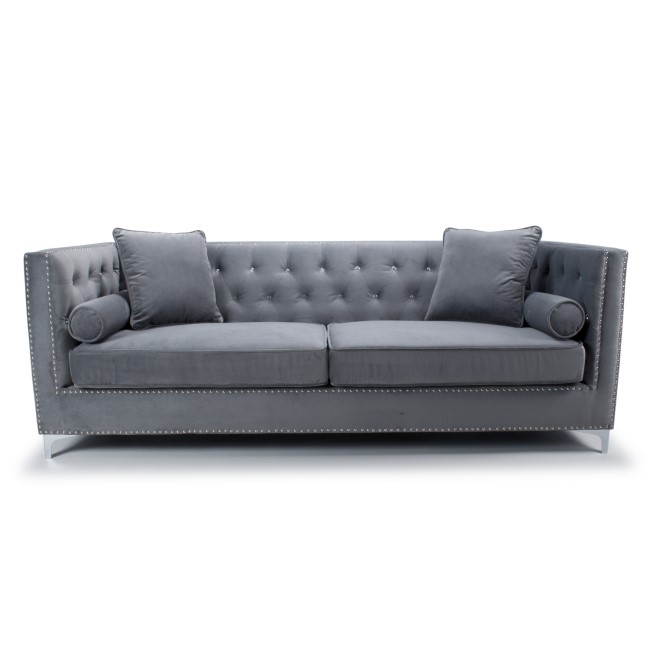 Grey Brushed Velvet 4 Seater Sofa - Diamante Button & Tufted Detailing