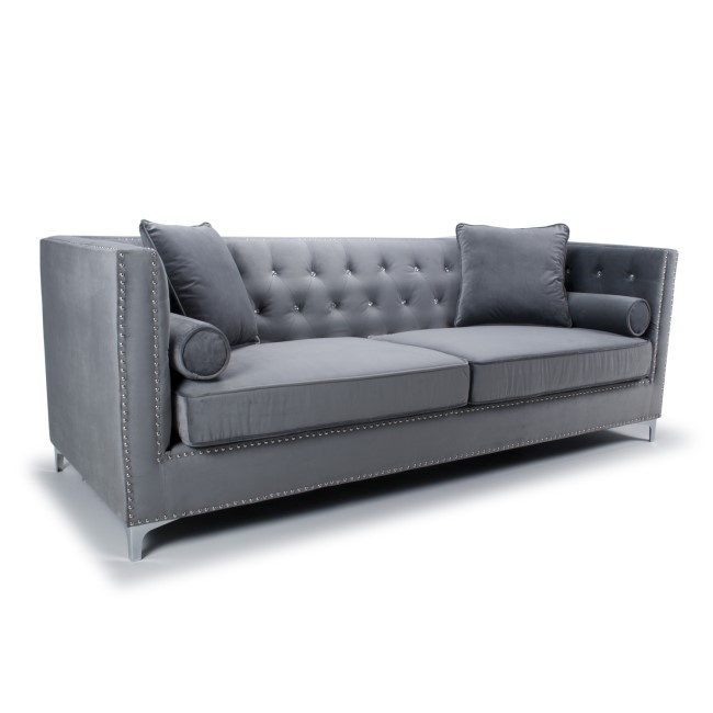 Grey Brushed Velvet 4 Seater Sofa - Diamante Button & Tufted Detailing